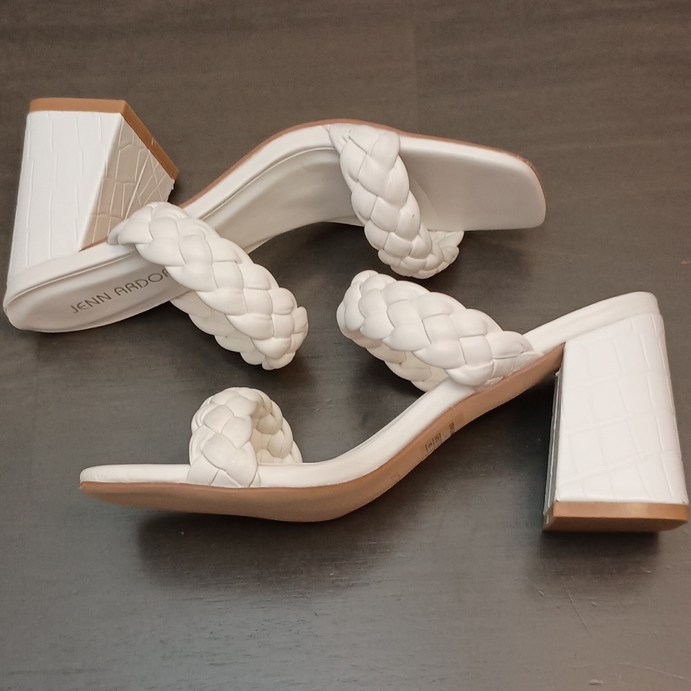 JENN ARDOR White Braided Chunky Heel Square Toe Sandals - Picture 3 of 7